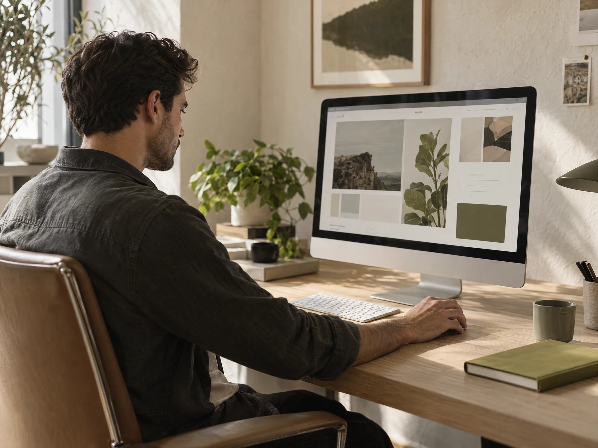Editorial image of a man designing a website at a desktop computer in a naturally lit workspace