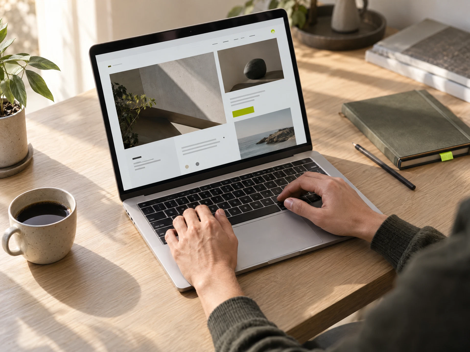 Editorial detail of hands working on a website using a laptop on a warm wooden desk